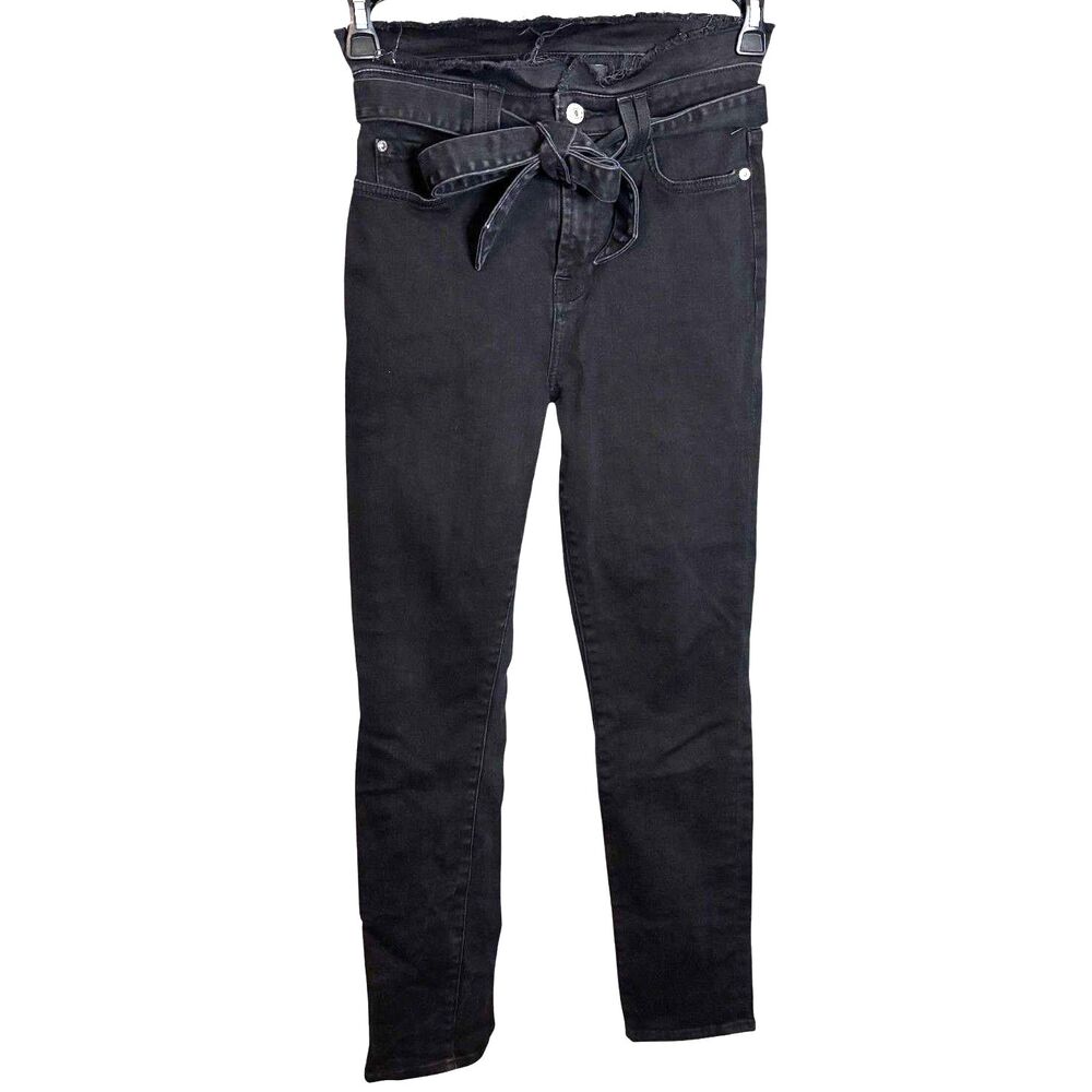 7 For All Mankind Black Raw Waist Belted Stretch Jeans Size 26